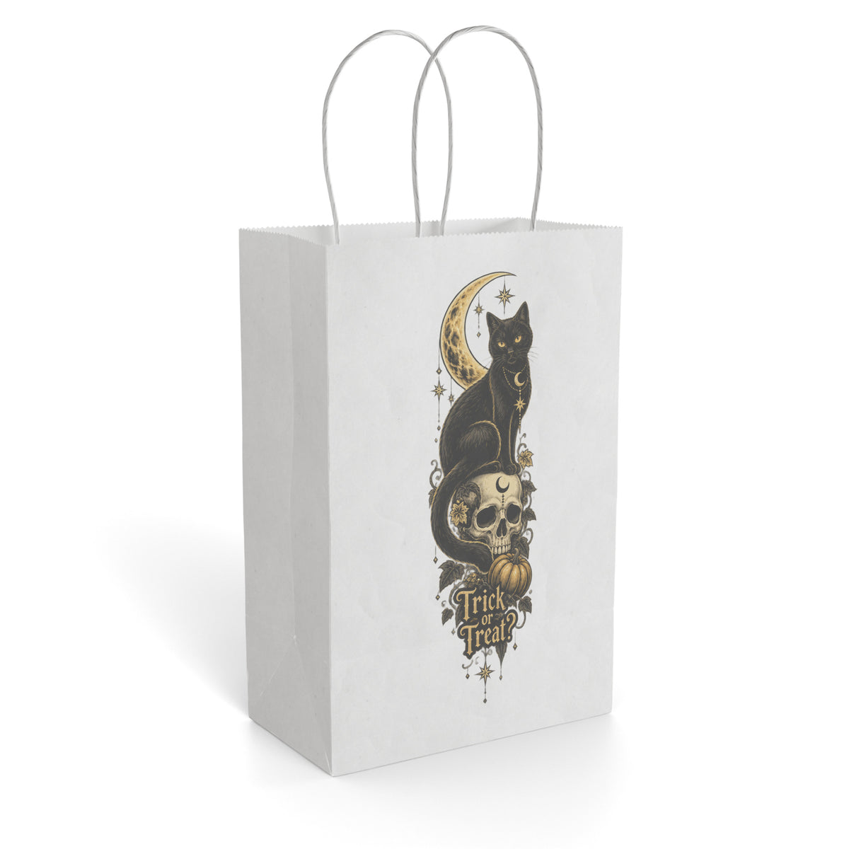 White paper gift bag with a gothic black cat, crescent moon, skull, stars, and Trick or Treat lettering