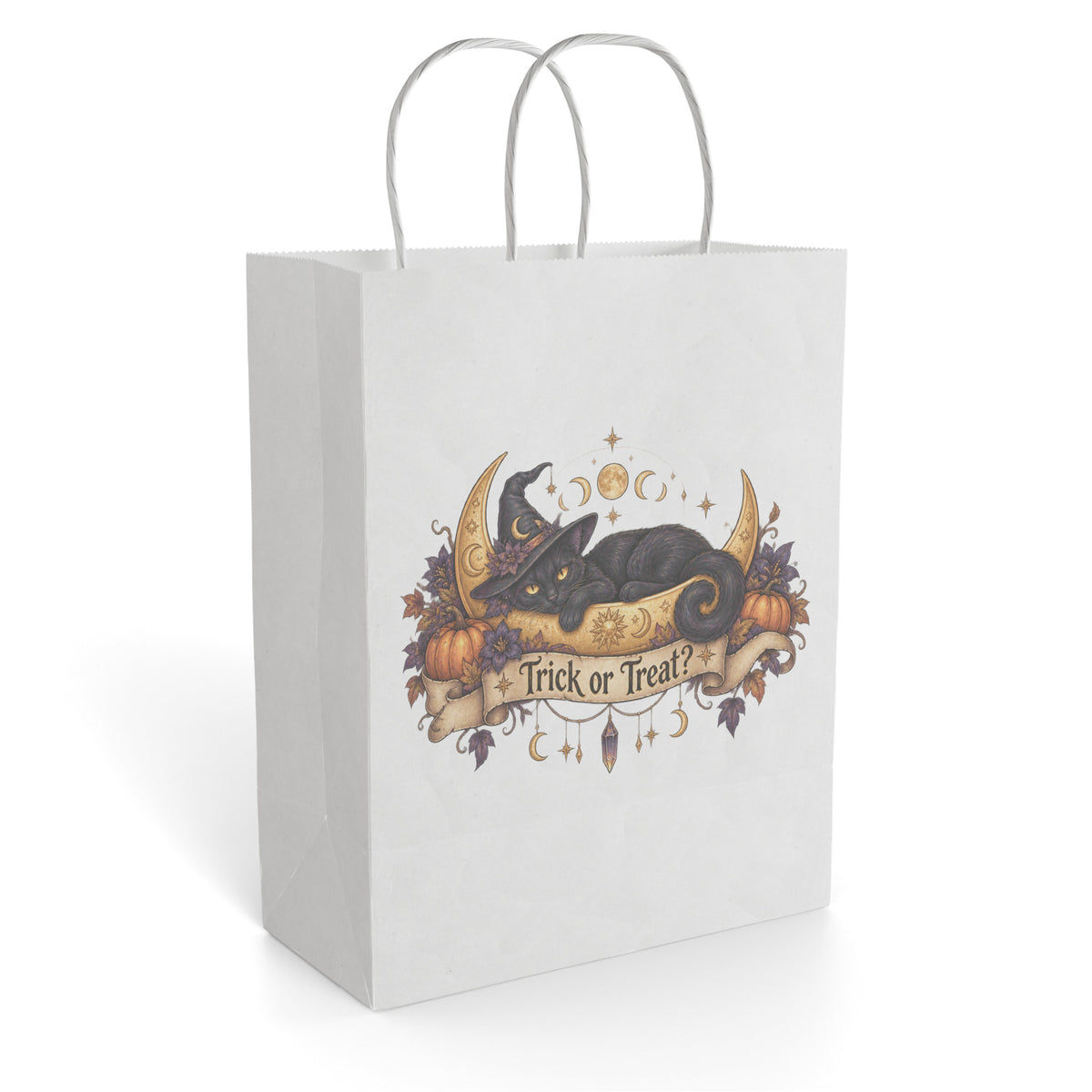White paper gift bag featuring a black cat in a witch hat with pumpkins, autumn leaves, moons, and a Trick or Treat banner
