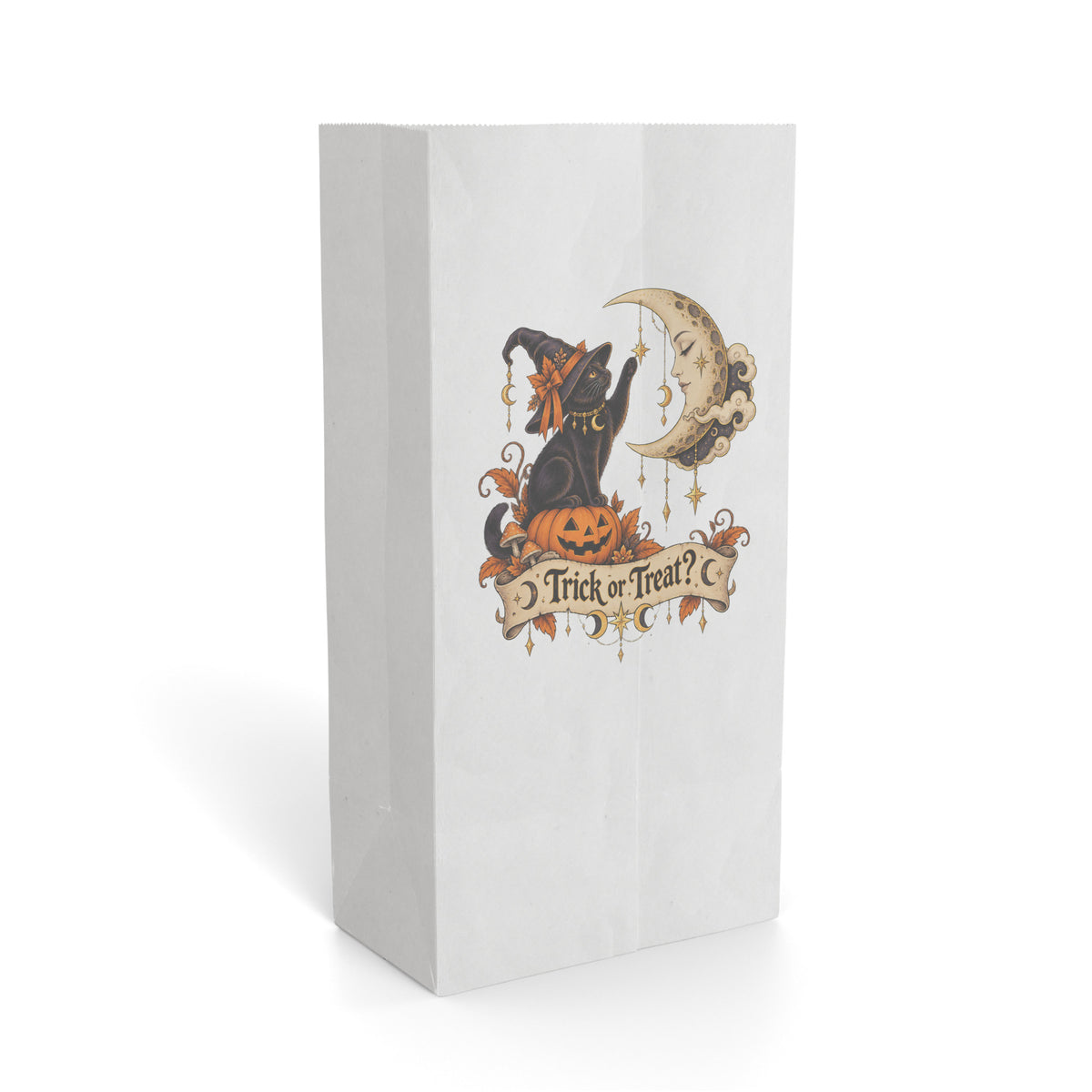 White paper gift bag featuring a black cat in a witch hat beside a crescent moon and a Trick or Treat banner.