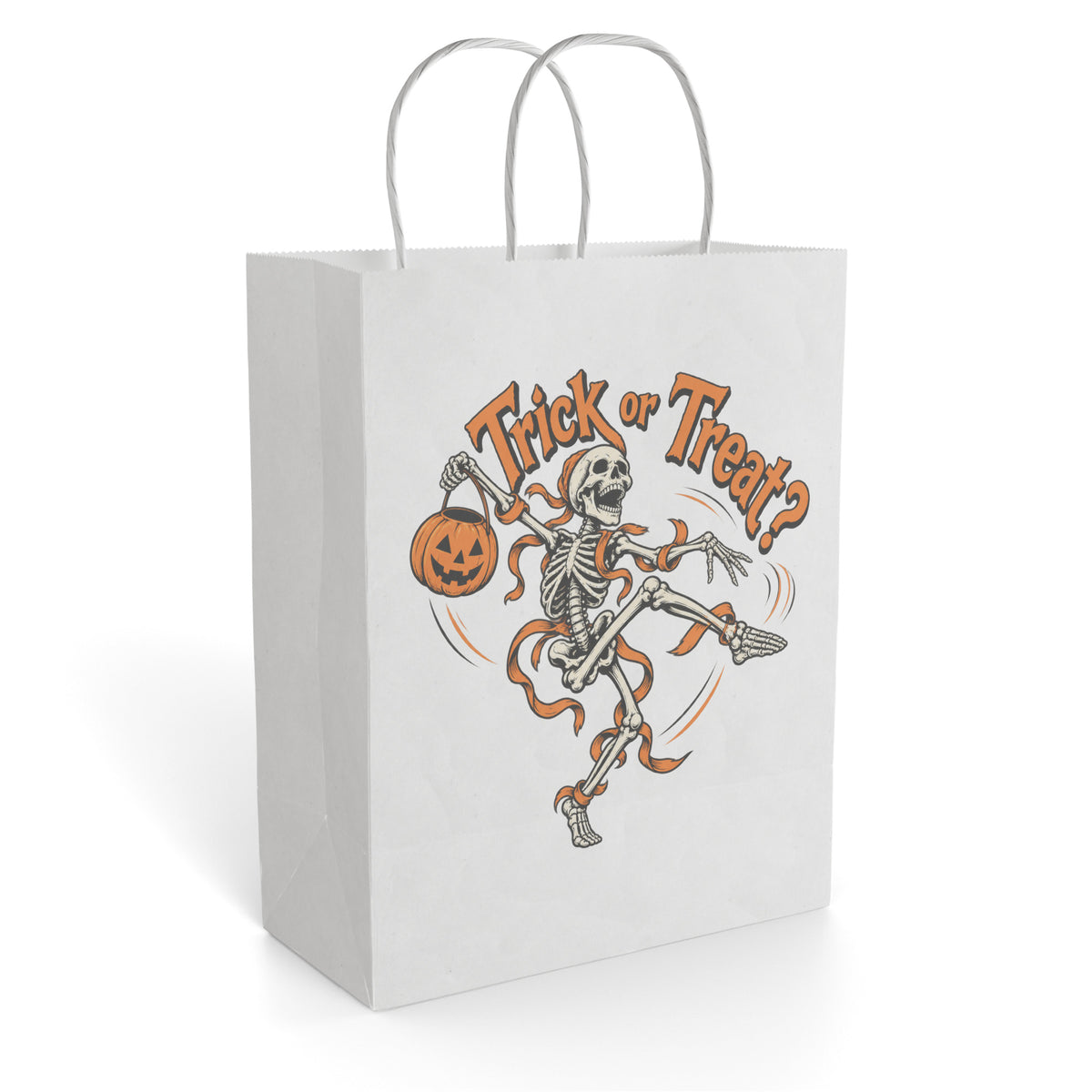 White paper gift bag with a dancing skeleton holding a pumpkin beneath orange “Trick or Treat?” lettering.