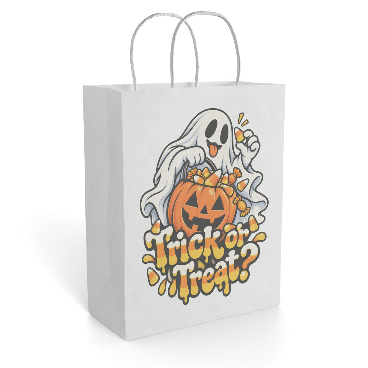 White paper gift bag featuring a spooky ghost, orange jack-o-lantern, candy, and Trick or Treat lettering