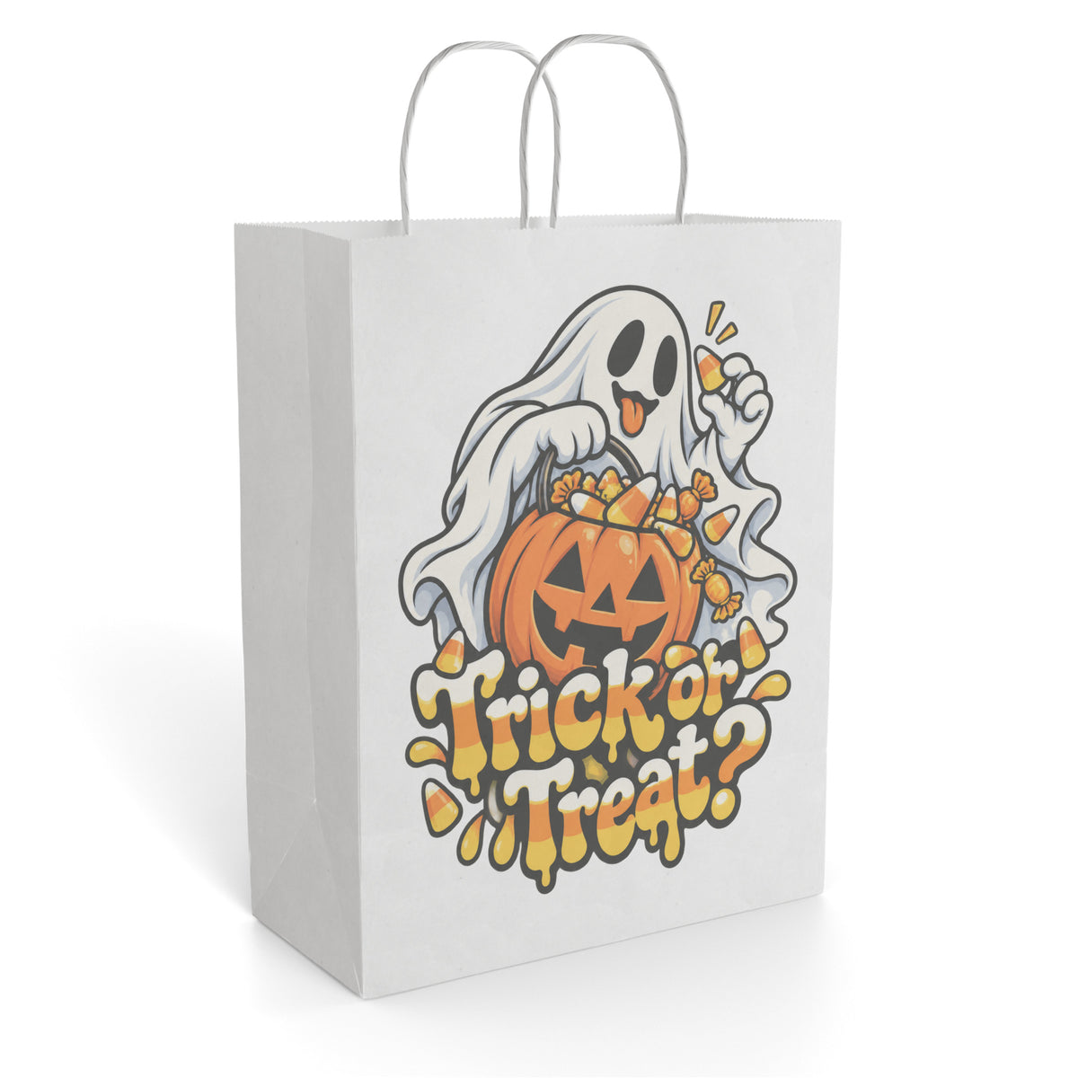 Front view of a white paper gift bag featuring a friendly ghost, jack-o'-lantern, candy corn, and Trick or Treat lettering.