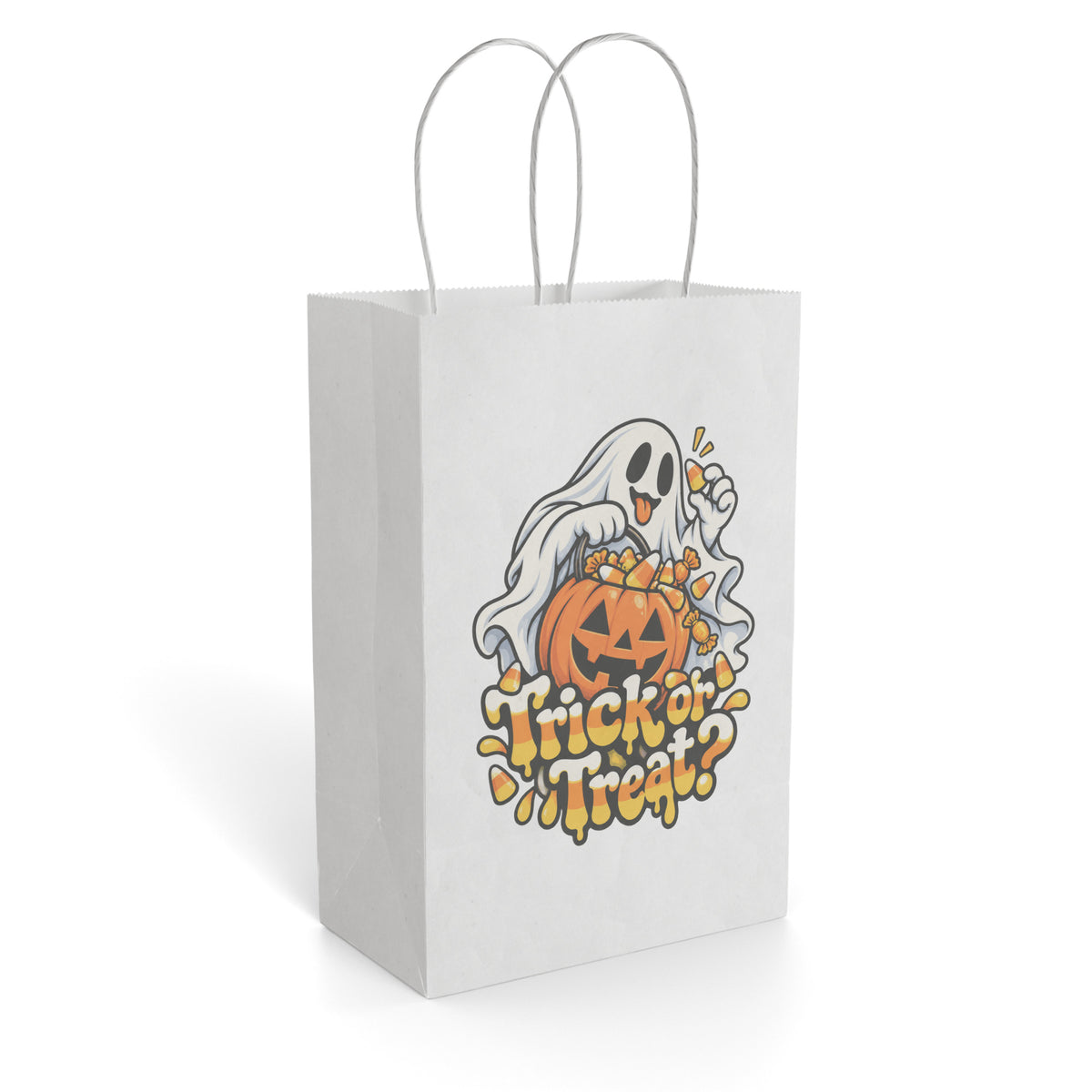 Front view of a white paper gift bag featuring a playful cartoon ghost, pumpkin, candy, and “Trick or Treat?” Halloween artwork.