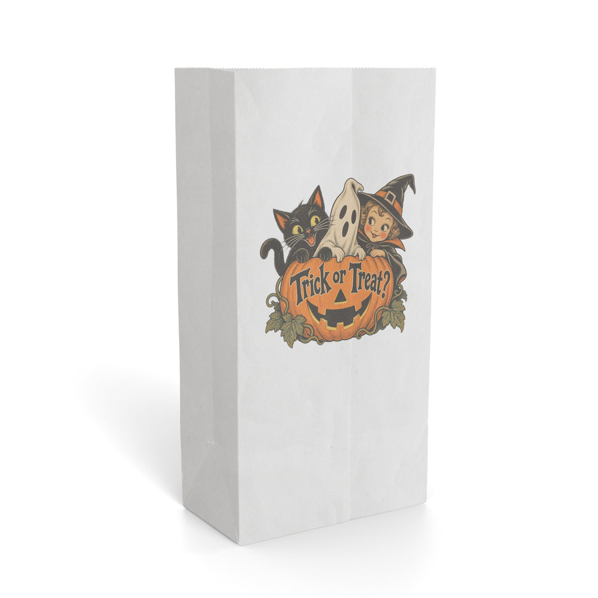 White Paper Gift Bag with a Halloween illustration of a black cat, ghost, witch, and pumpkin reading “Trick or Treat.”