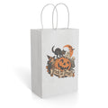 Paper gift bag with a Halloween illustration of a black cat, pumpkin, ghost, and Trick or Treat lettering