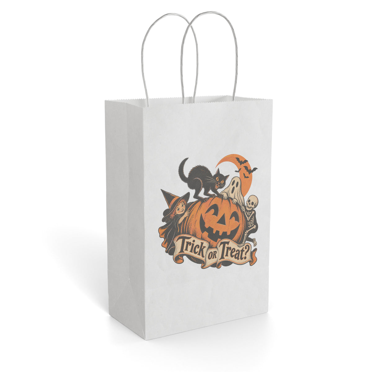 Paper gift bag with a Halloween illustration of a black cat, pumpkin, ghost, and Trick or Treat lettering