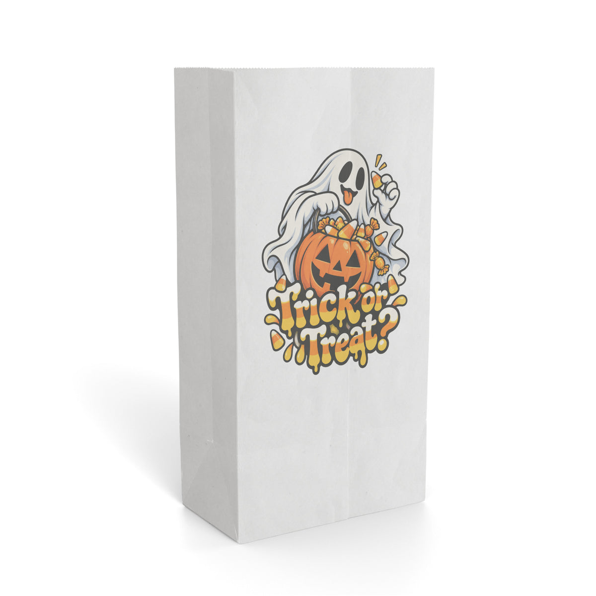 White paper gift bag featuring a cartoon ghost holding a jack-o'-lantern with colorful “Trick or Treat?” lettering on the front.
