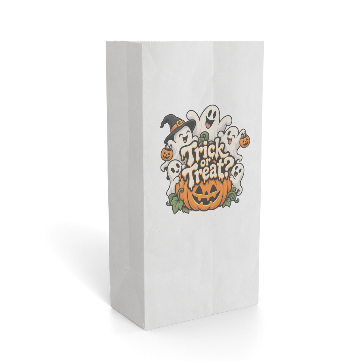 White paper gift bag featuring a Halloween illustration with ghosts, a witch, pumpkins, and “Trick or Treat” lettering