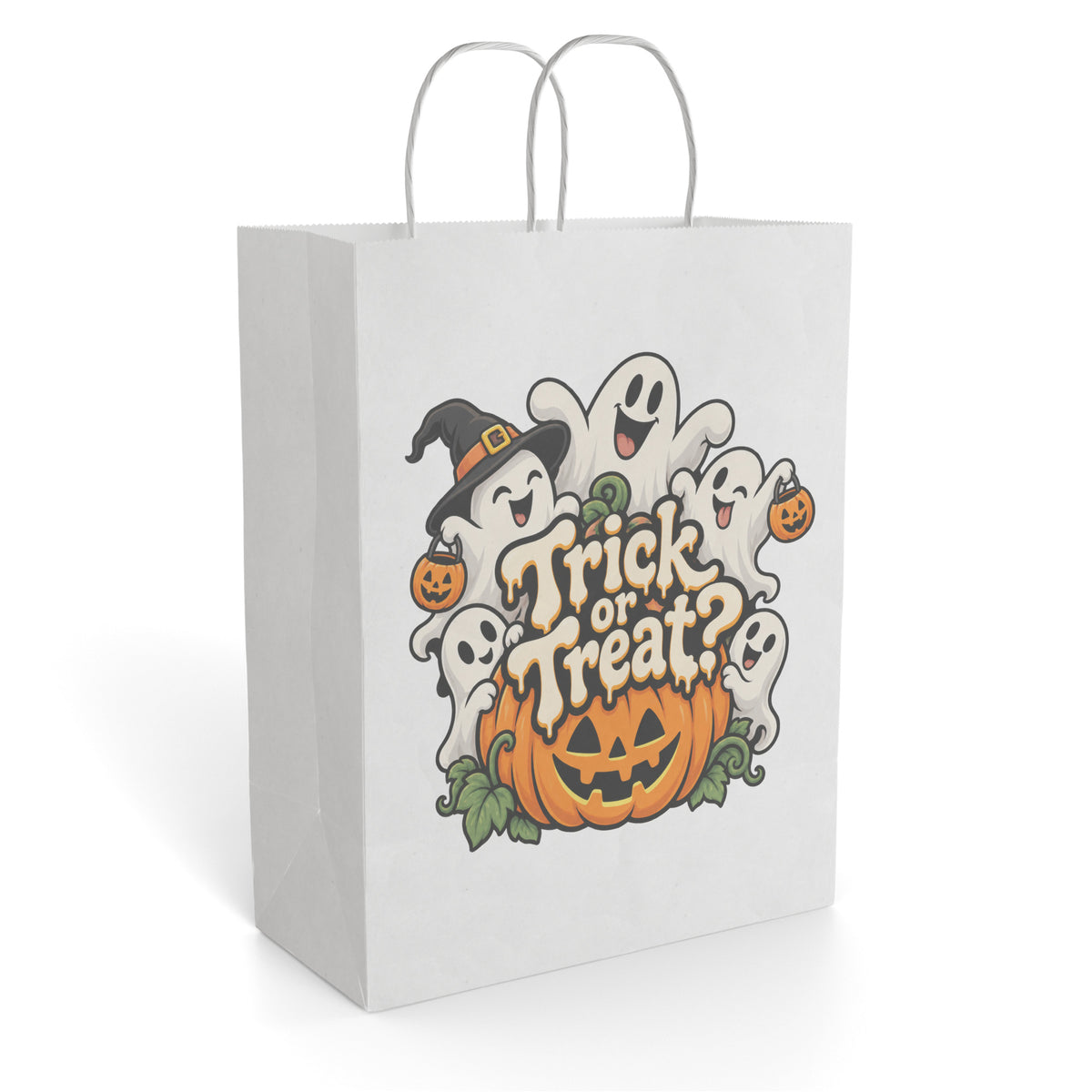 Front view of a paper gift bag featuring playful Halloween ghosts, jack-o'-lanterns, and a Trick or Treat message.