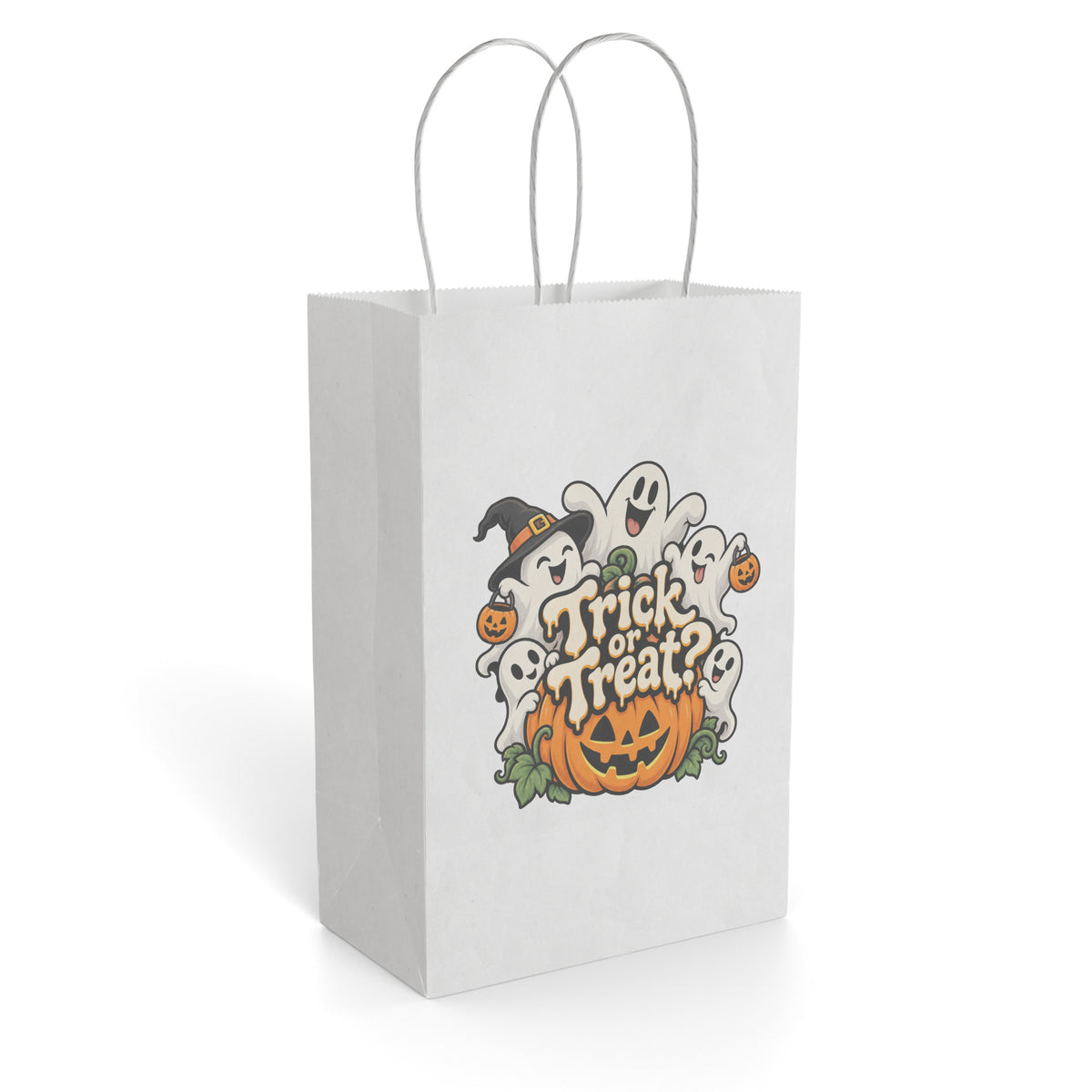 White paper gift bag featuring a colorful Halloween illustration with ghosts, a witch, pumpkins, and the phrase “Trick or Treat?”