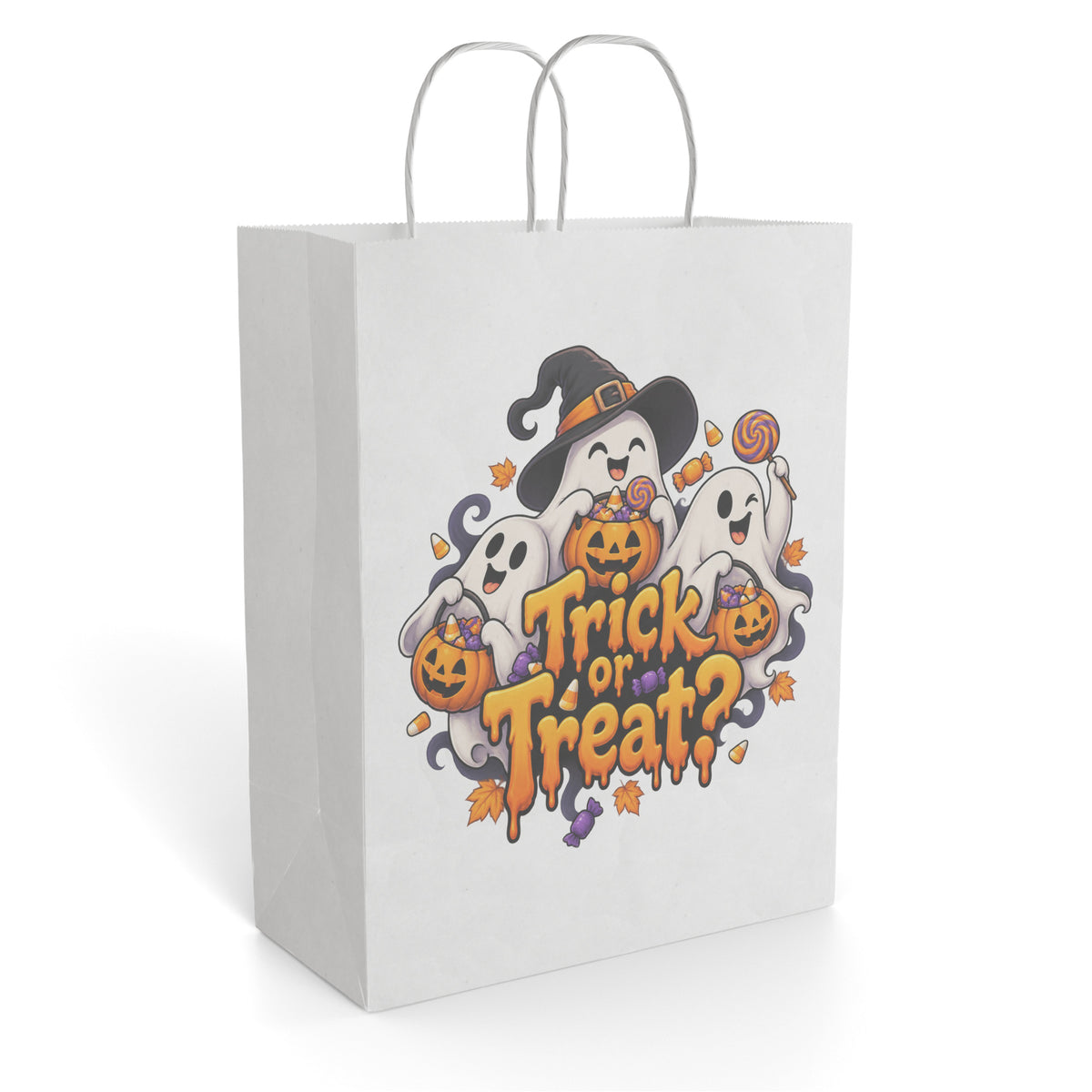 Front view of a Paper Gift Bag with three playful Halloween ghosts, pumpkins, candy, and colorful Trick or Treat lettering.