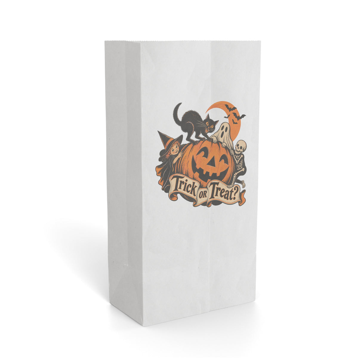 White paper gift bag featuring a Halloween jack-o'-lantern, black cats, a witch hat, a skull, and Trick or Treat text.