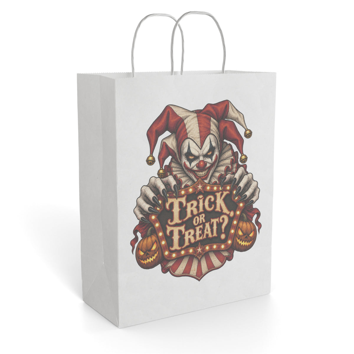 Front view of a paper gift bag featuring a creepy Halloween jester holding a “Trick or Treat” sign with pumpkins.