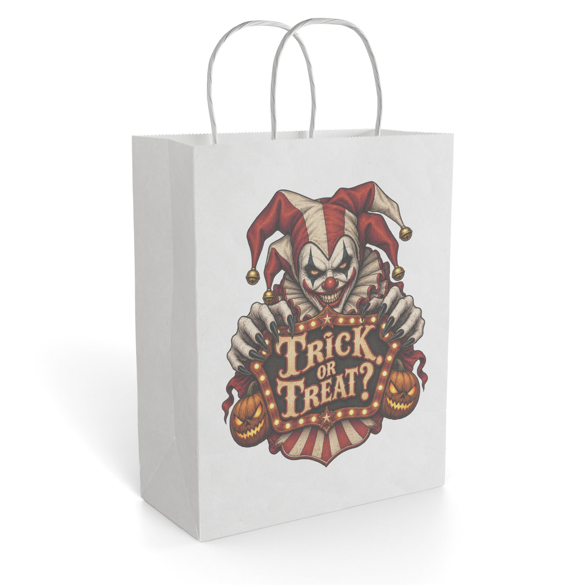 Front view of a white paper gift bag featuring a creepy Halloween jester with pumpkins and a Trick or Treat sign.