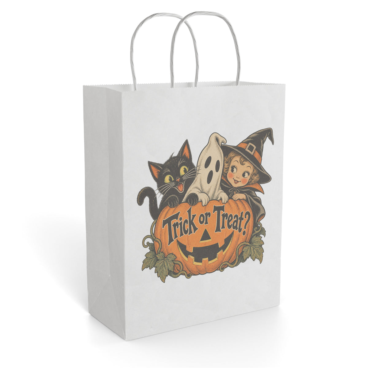 White paper gift bag featuring a Halloween illustration of a black cat, ghost, witch, jack-o'-lantern, and Trick or Treat text.