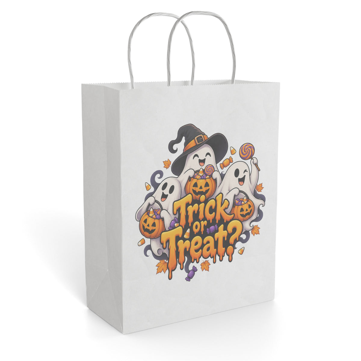White paper gift bag featuring playful ghosts, pumpkins, a witch hat, and colorful Trick or Treat Halloween lettering.