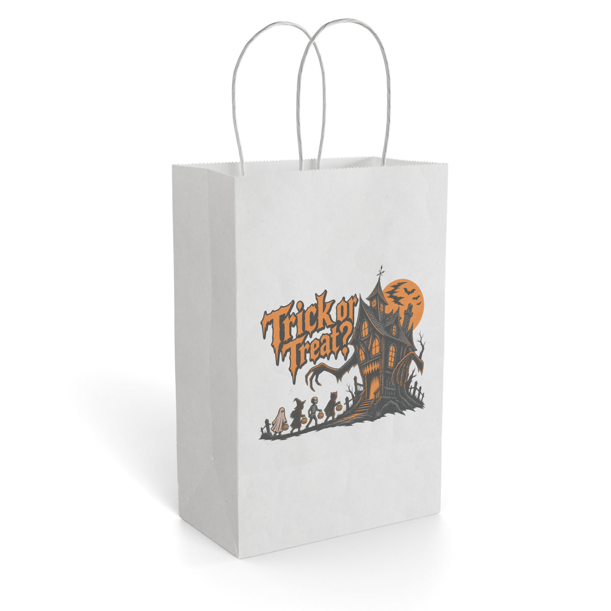 Front view of a white paper gift bag featuring a Halloween Trick or Treat scene with a haunted house, tree, and orange moon.