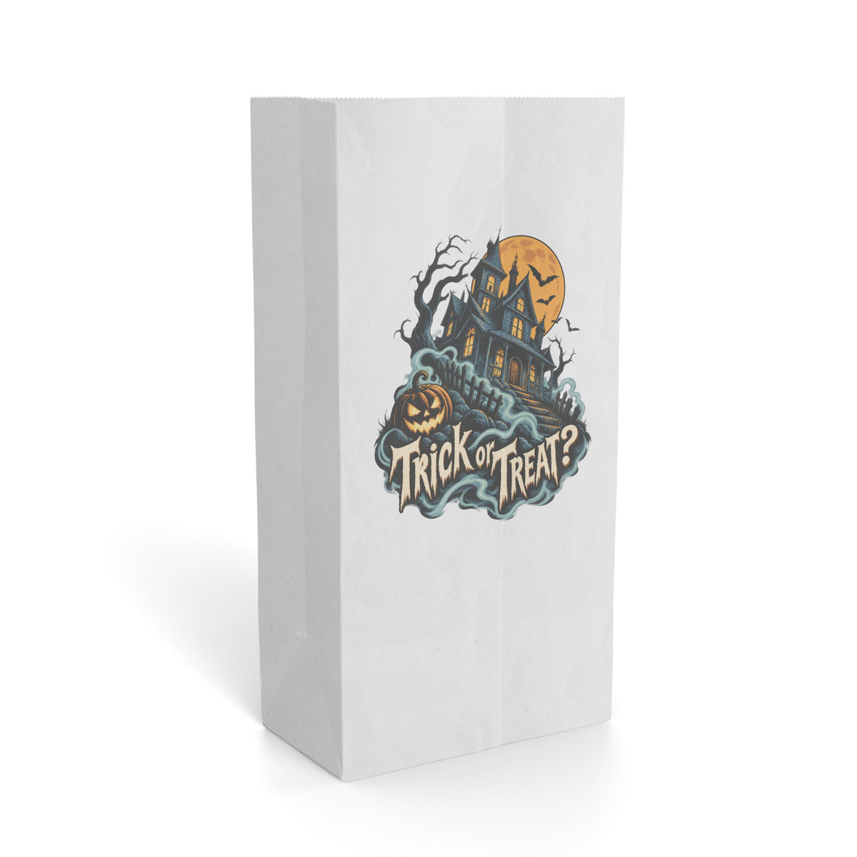 White paper gift bag featuring a Halloween haunted house illustration, orange moon, bats, and “Trick or Treat?” lettering.
