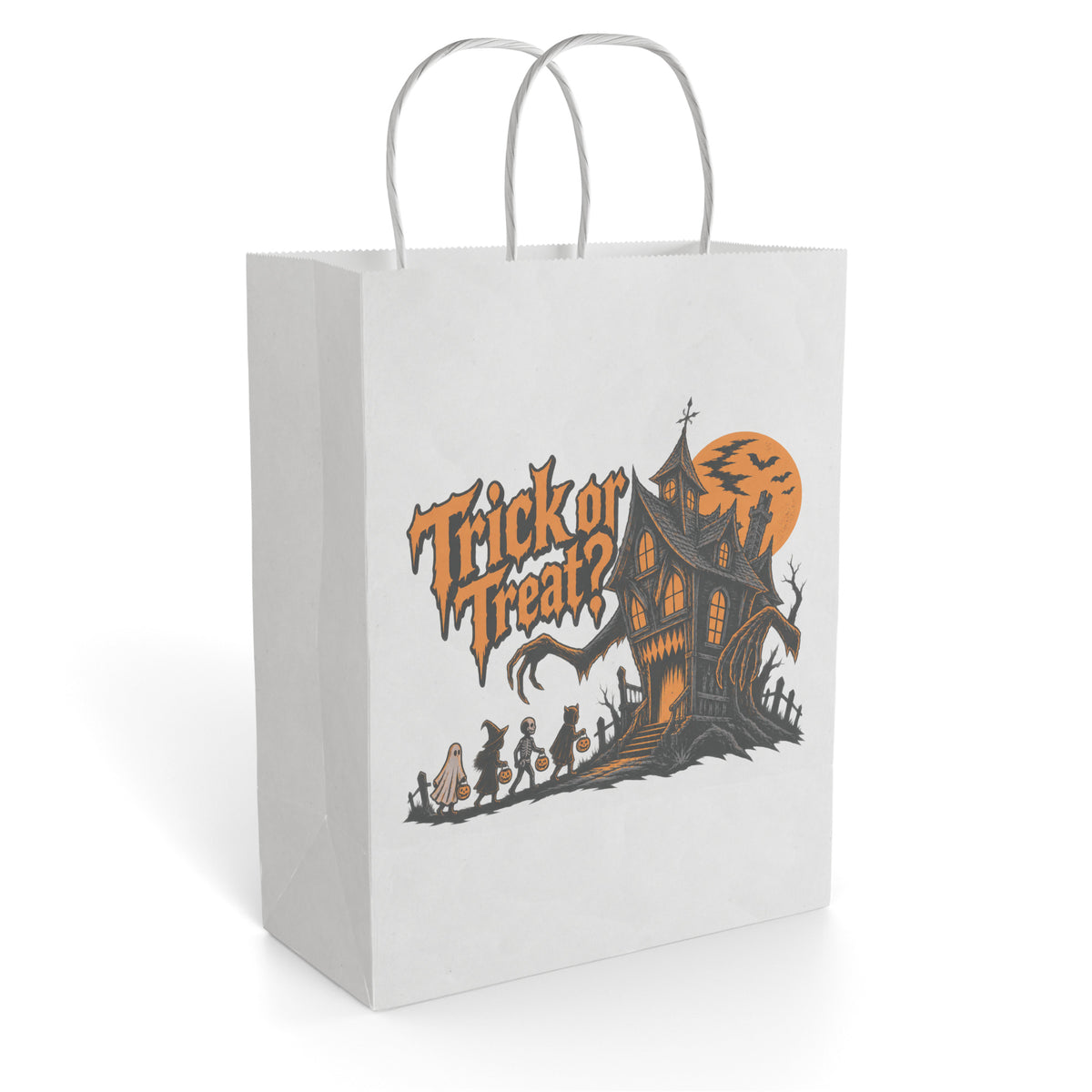 White paper gift bag featuring a spooky haunted house illustration, orange moon, and Trick or Treat lettering.