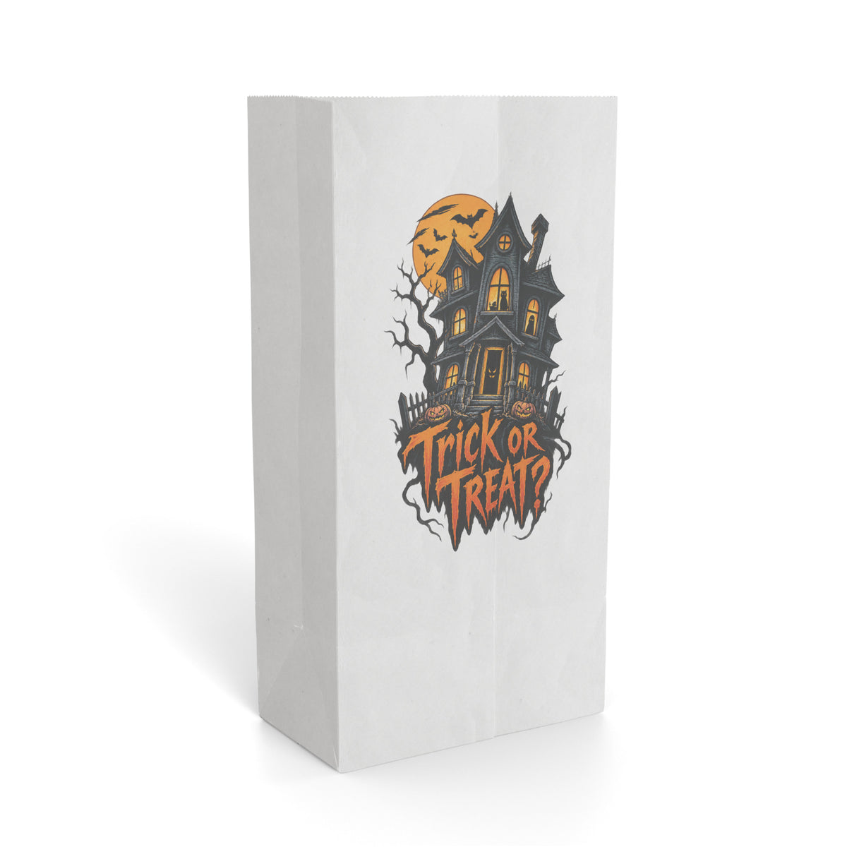 White paper gift bag featuring a spooky haunted house, orange moon, bare tree branches, and Trick or Treat lettering
