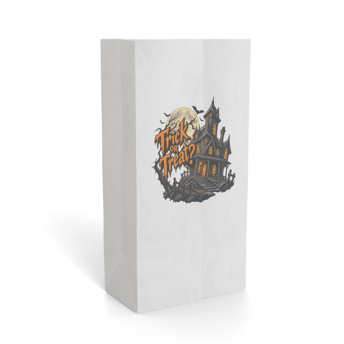 White Paper Gift Bag featuring a spooky haunted house, full moon, and readable Trick or Treat lettering.