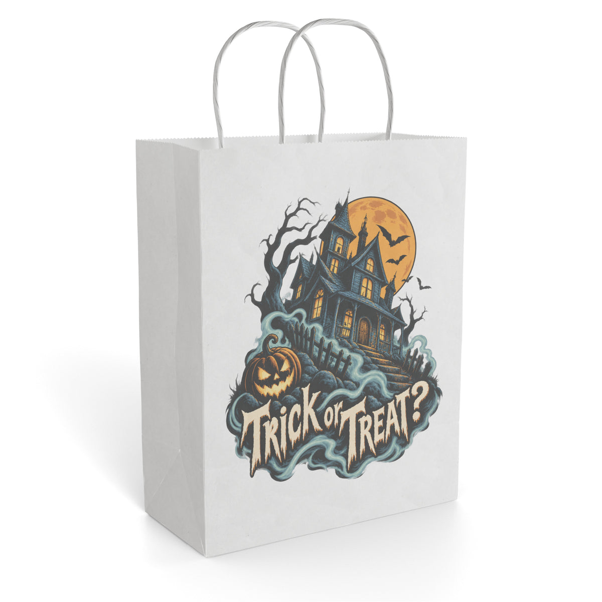 White paper gift bag featuring a spooky haunted house, orange moon, jack-o'-lantern, and Trick or Treat lettering.