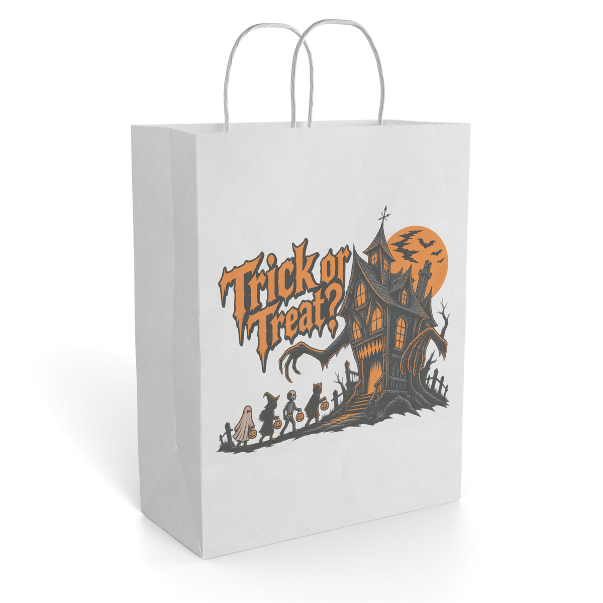 Front view of a Paper Gift Bag featuring a haunted house, orange moon, Trick or Treat lettering, and Halloween characters.