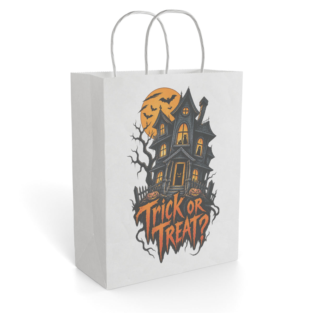 Paper gift bag featuring a spooky haunted house, orange moon, bare trees, and bold Trick or Treat lettering.