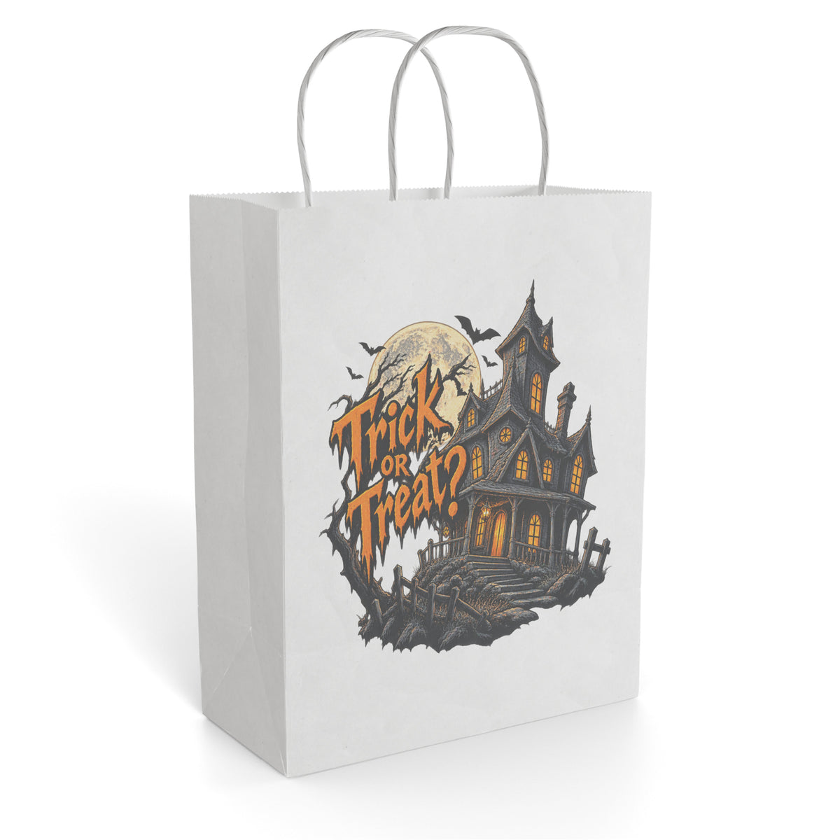 White paper gift bag featuring a spooky haunted house illustration with prominent Trick or Treat lettering.