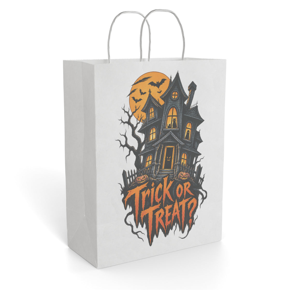 White paper gift bag featuring a spooky haunted house, bare trees, pumpkins, and orange Trick or Treat lettering.