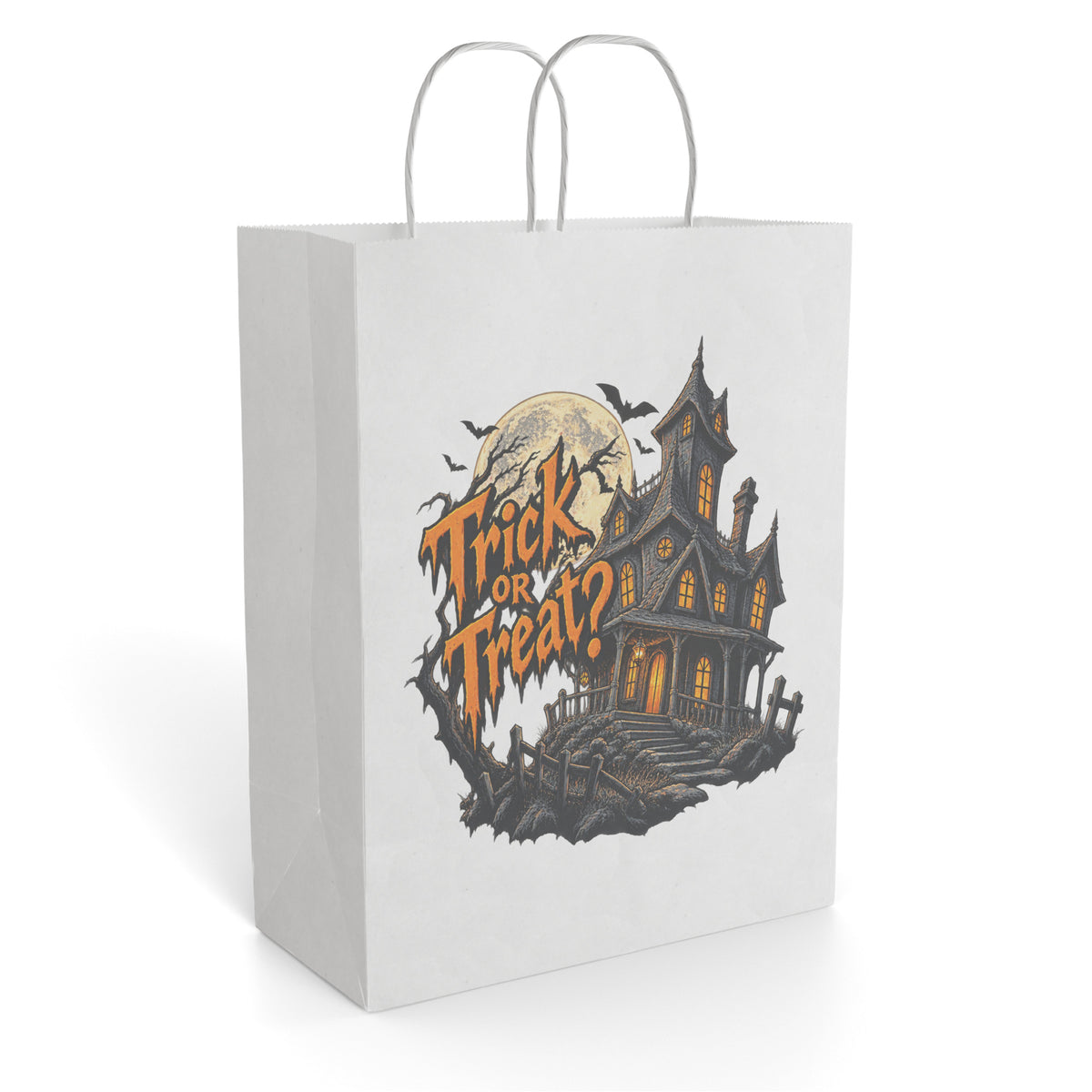 White paper gift bag featuring a spooky haunted house, full moon, and “Trick or Treat?” Halloween artwork on the front.