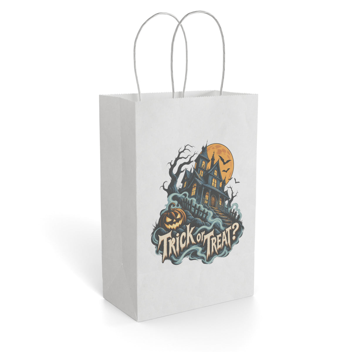 White paper gift bag featuring a spooky haunted house, pumpkins, bats, and “Trick or Treat?” artwork.