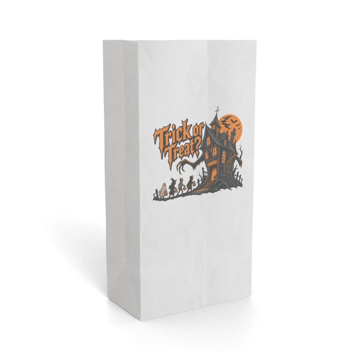Front view of a white Paper Gift Bag featuring a “Trick or Treat” Halloween illustration with a haunted house, tree, and small figures.