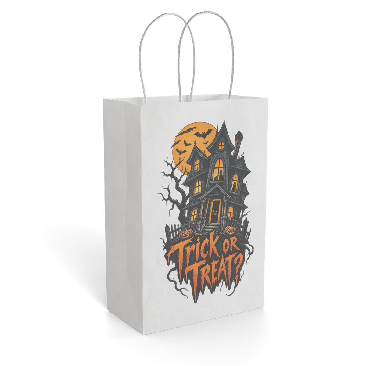 Front view of a paper gift bag featuring a spooky haunted house, bats, a moon, and orange Trick or Treat lettering.