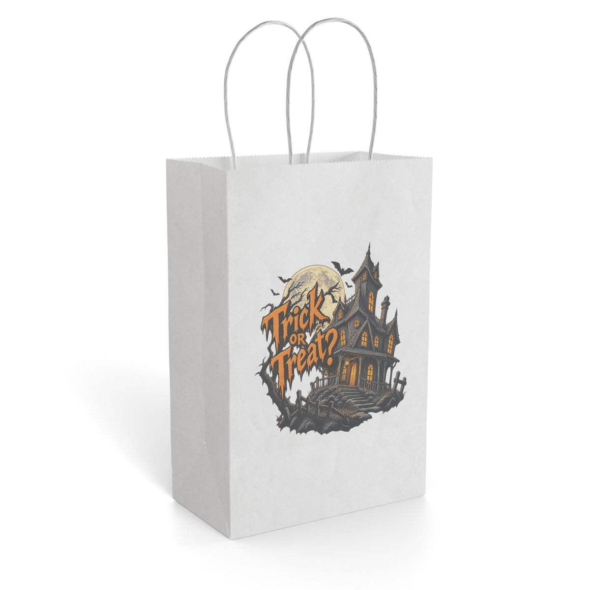 White paper gift bag featuring a Halloween haunted house illustration with a full moon and “Trick or Treat” lettering.