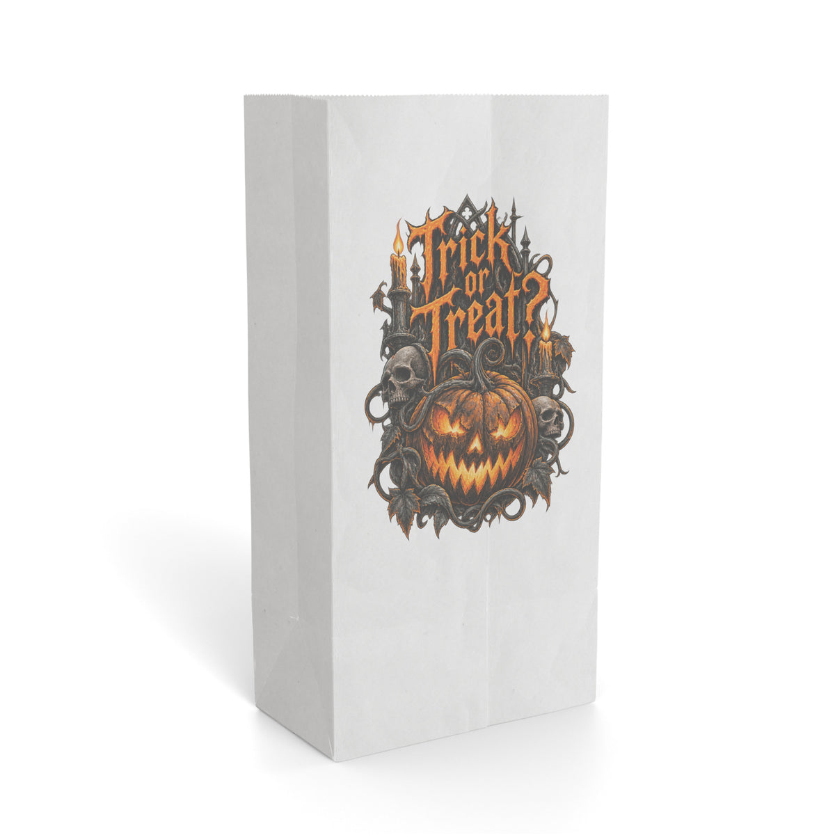 White paper gift bag featuring a detailed jack-o'-lantern Halloween illustration with “Trick or Treat” lettering on the front.