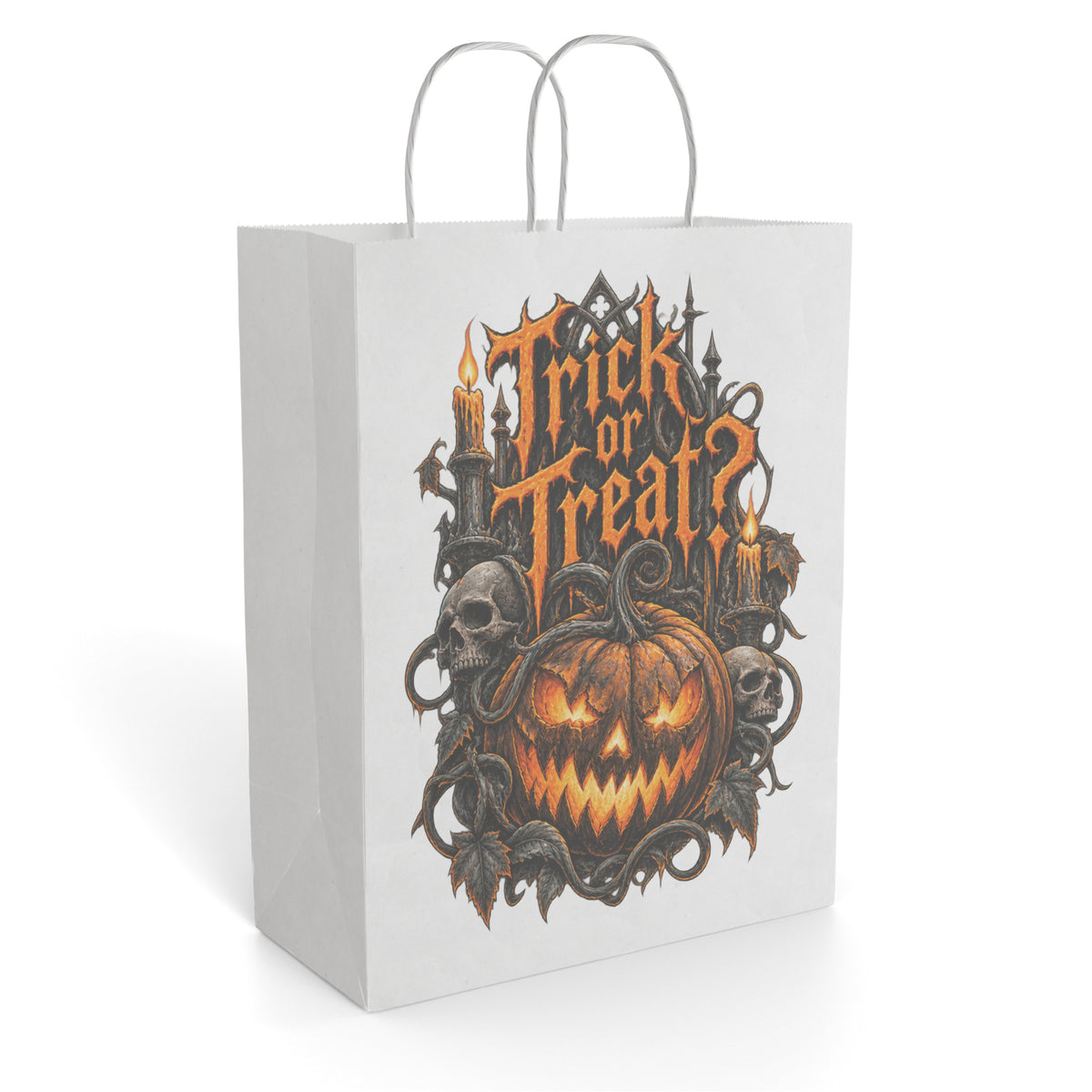White Paper Gift Bag featuring a detailed glowing jack-o-lantern, skulls, and Trick or Treat Halloween lettering.