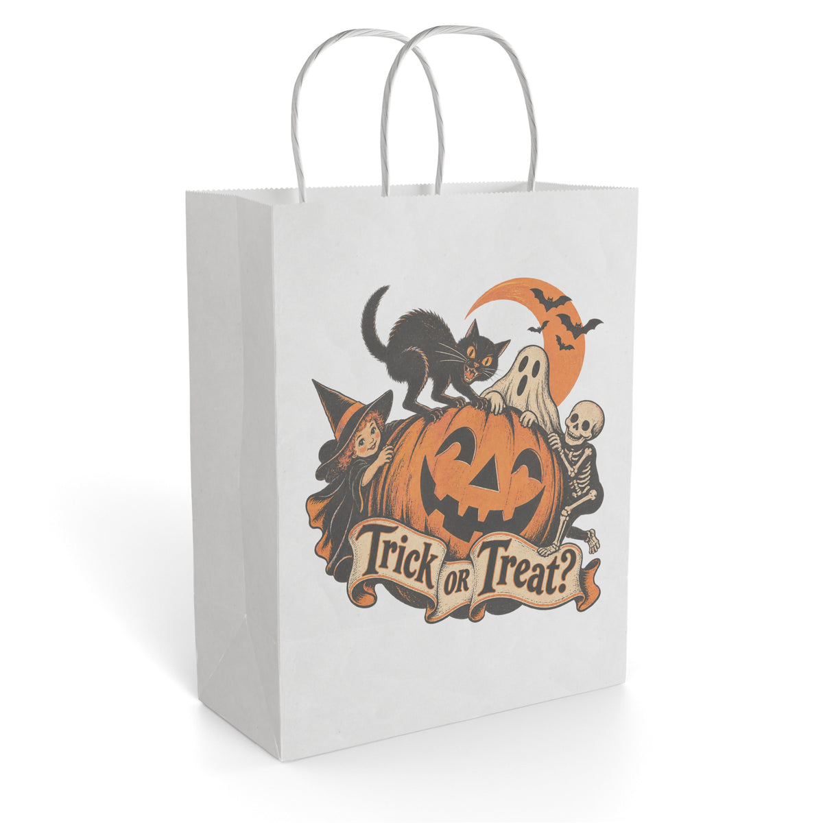 White paper gift bag featuring a Halloween jack-o-lantern scene with a witch, black cat, ghost, skeleton, bats, and Trick or Treat text