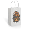 Front view of a white paper gift bag featuring a carved jack-o'-lantern, gothic vines, and “Trick or Treat” lettering.