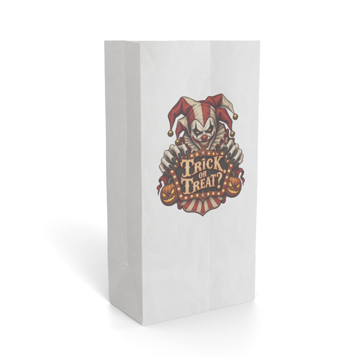 Front view of a white Paper Gift Bag featuring a creepy jester illustration holding a colorful Trick or Treat sign.