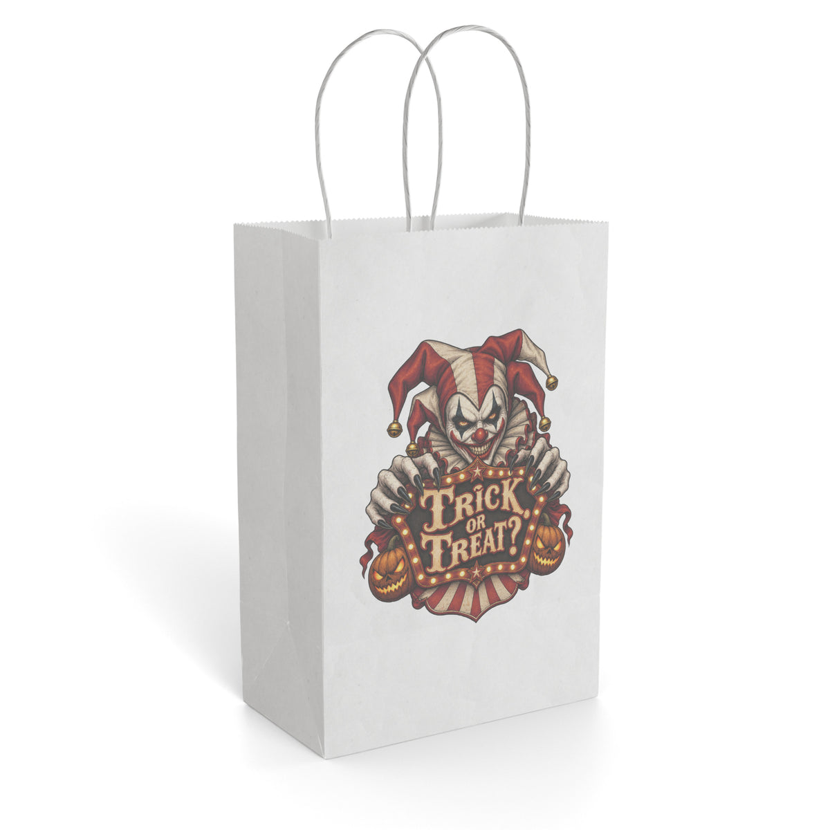 White paper gift bag featuring a vintage-style Halloween jester holding a “Trick or Treat” sign.