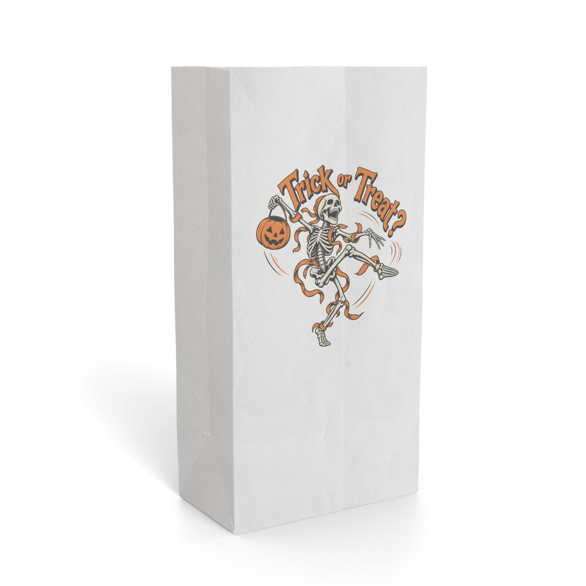 White paper gift bag featuring a dancing skeleton, an orange pumpkin, and the words “Trick or Treat” on the front.