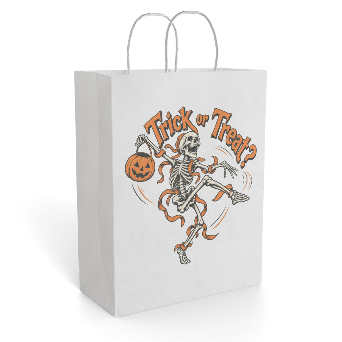 White paper gift bag featuring a dancing skeleton, pumpkin, and orange-and-black “Trick or Treat?” Halloween artwork.
