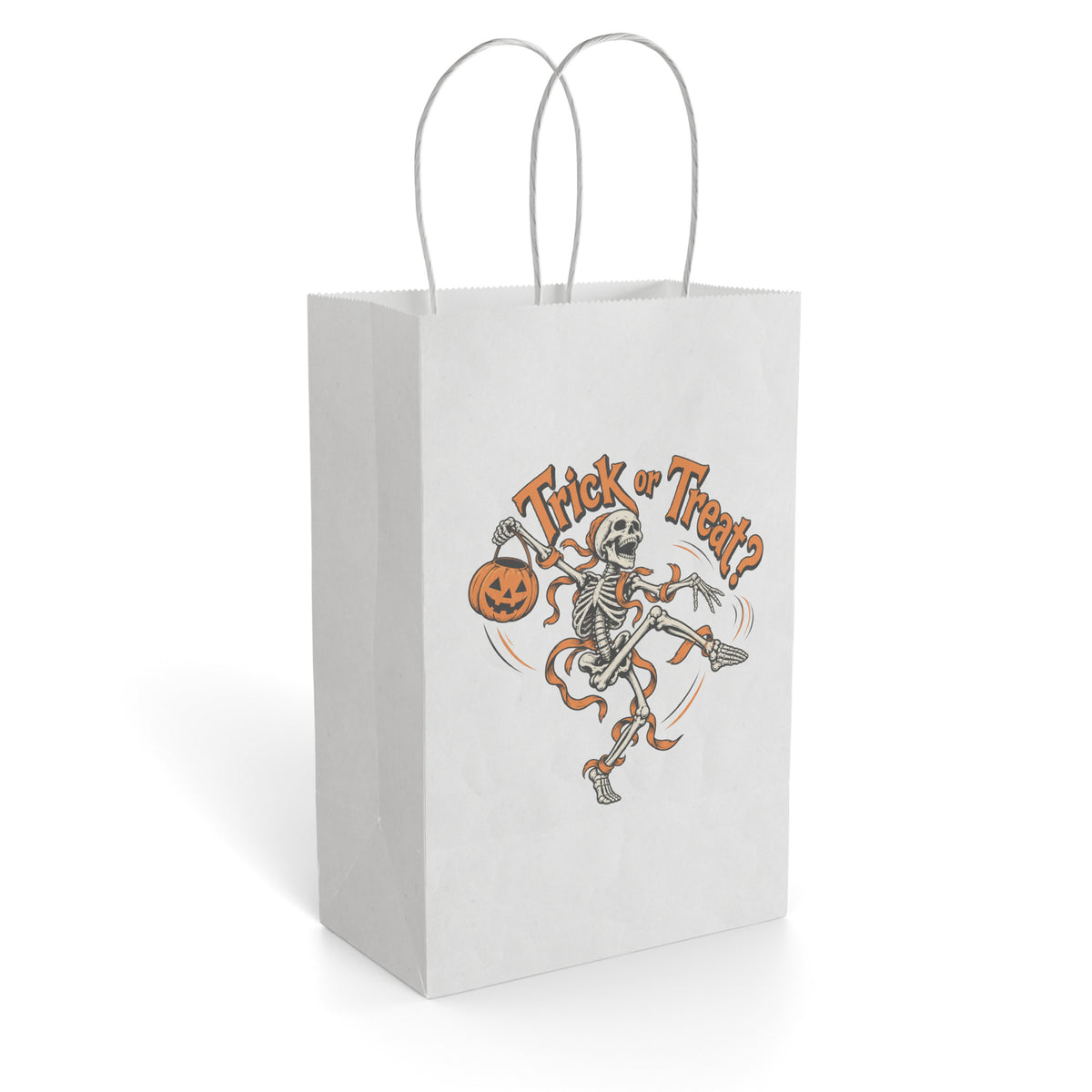 White paper gift bag featuring an orange-and-gray skeleton holding a pumpkin with “Trick or Treat” text.