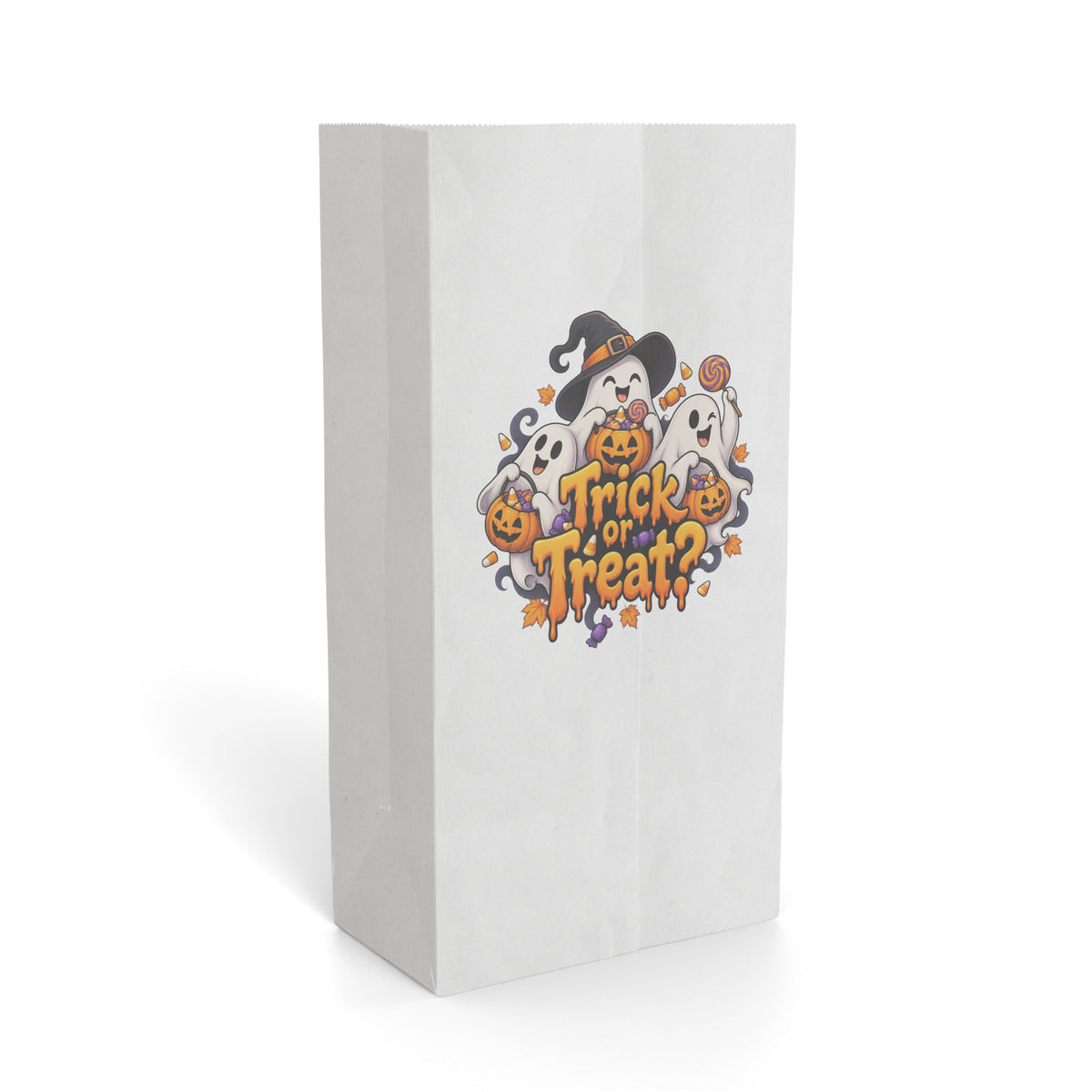 Front view of a white paper gift bag featuring a colorful Halloween “Trick or Treat” design with pumpkins and ghosts.