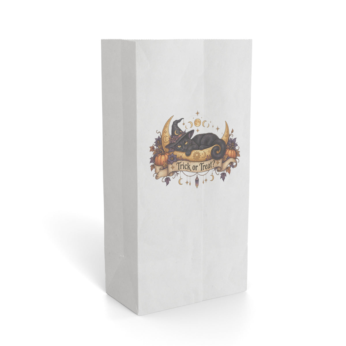 White paper gift bag featuring a Halloween-themed “Trick or Treat!” graphic with pumpkins, foliage, and a witch hat.