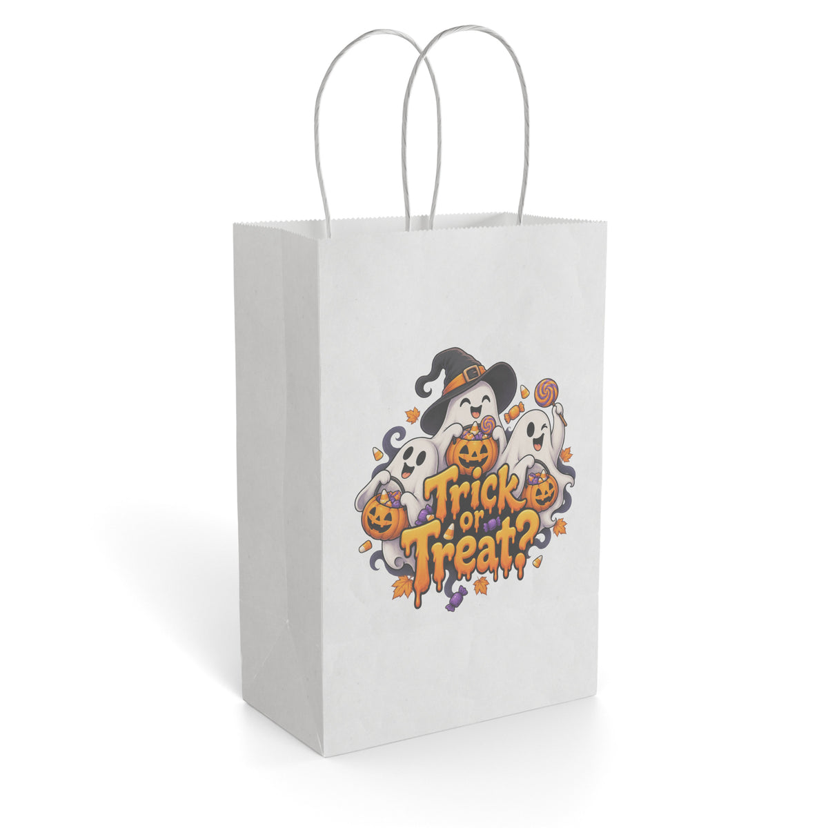 White paper gift bag featuring a colorful Halloween Trick or Treat design with a ghost, witch hat, pumpkins, and candy