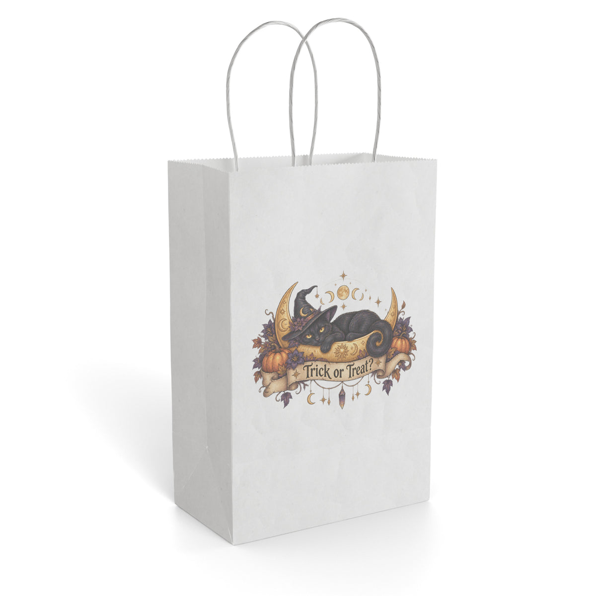 Front view of a white paper gift bag featuring an ornate Halloween Trick or Treat design with leaves, stars, and seasonal details.
