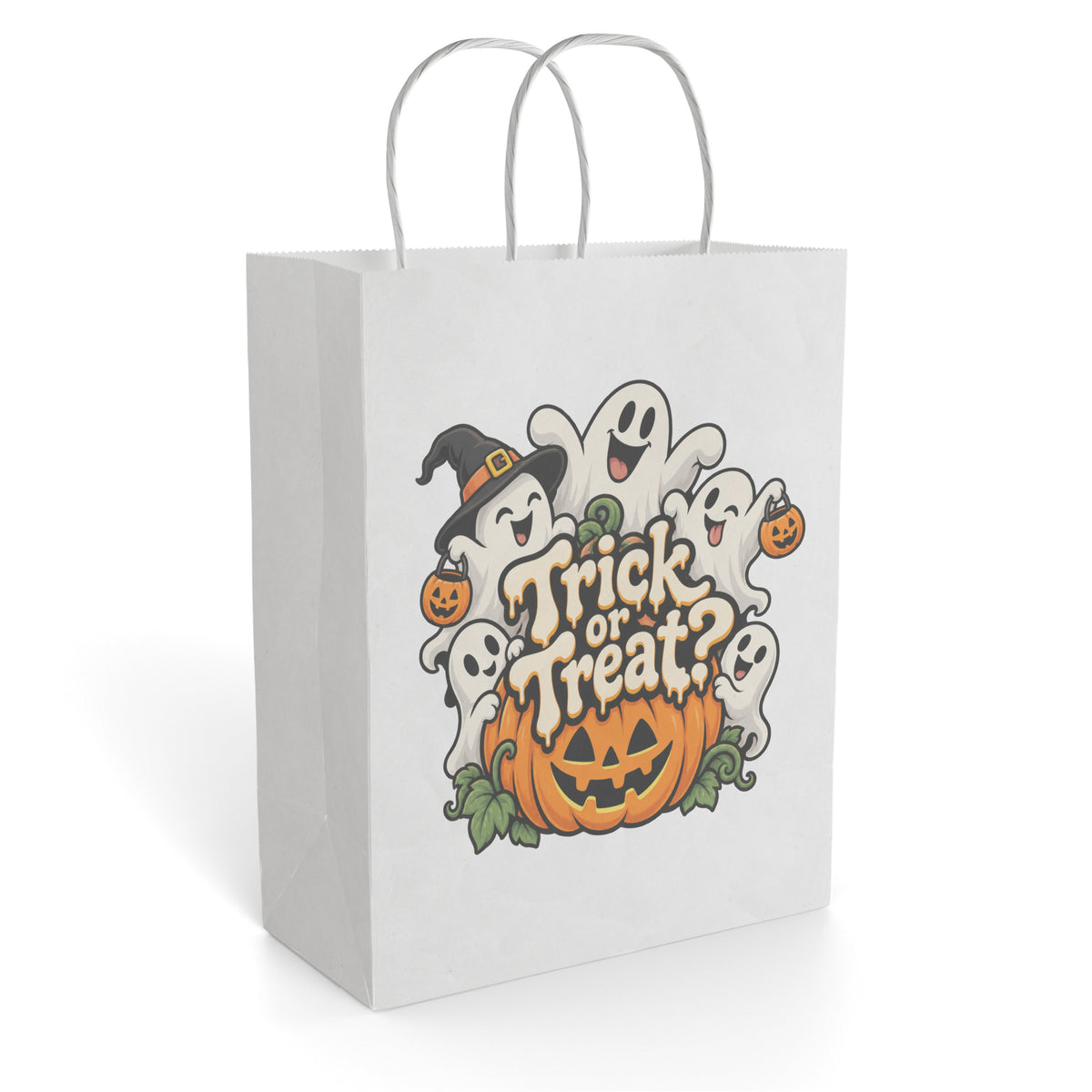 White paper gift bag featuring a Halloween trick-or-treat design with smiling ghosts, pumpkins, bats, and a jack-o'-lantern.