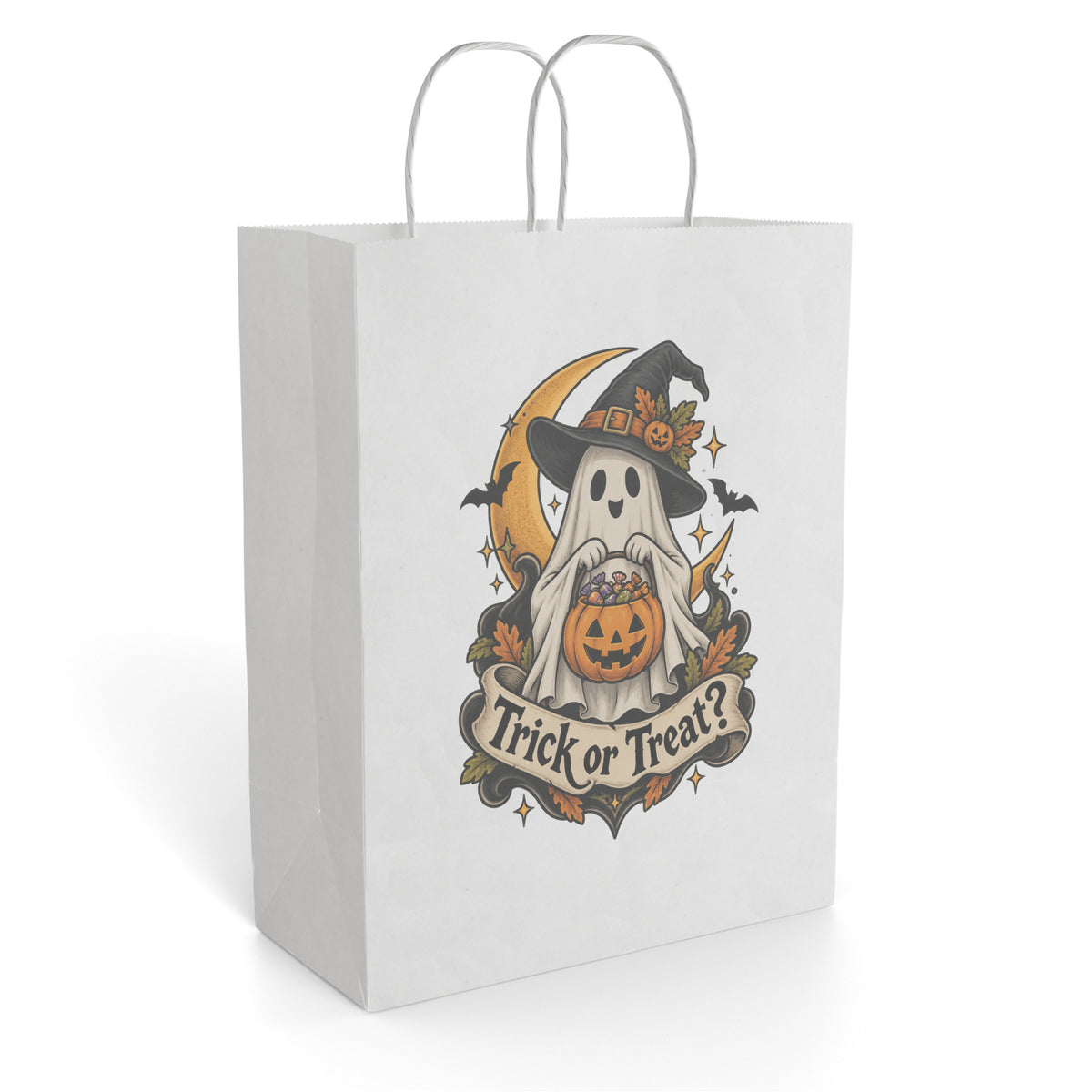 White paper gift bag with twisted handles, a friendly ghost in a witch hat, grinning pumpkin, bats, leaves and “Trick or Treat?” banner